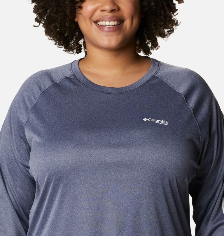 Women's Columbia PFG Tidal Tee Heather Long Sleeve Sweatshirts Navy | Plus Size CA-V5C38